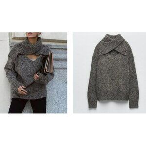 Zara Sweater Size M Womens Black & Beige Chunky Knit Cowl Neck